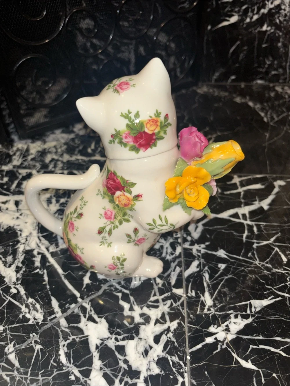 Royal Albert White Ceramic Cat Pitcher with Pink and Yellow Floral Bouquet
